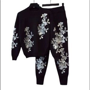 Black Silver Gold Hand Beaded Knit Sweater Set Size Small Medium